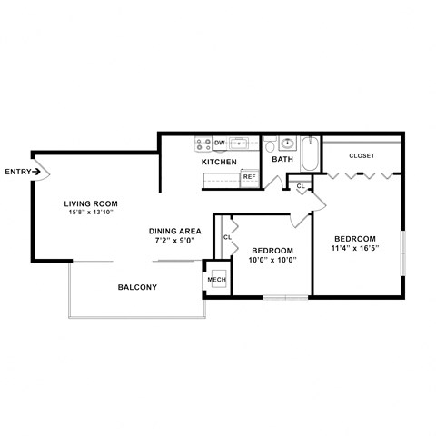 Floor plan for 2 beds, 1 bath, 945 sqft